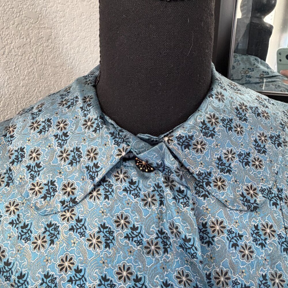 VINTAGE 60s Satin Brocade Robe Duster Housecoat Blue Floral OS - Picture 8 of 16